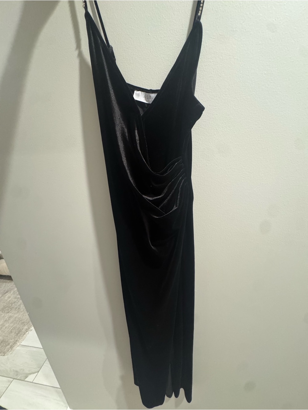 NWOT Astr Black Velvet Maxi Slip Dress with Draped Front